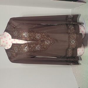 Tory Burch Brown Tunic Sequin Boho Hippie Shirt 100% Cotton SZ: 10